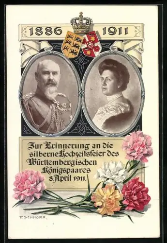 AK Silberne Hochzeit des Württembergischen Königspaares, 8. April 1911, Bunte Nelken, Wappen, Krone