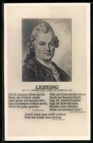 AK Porträt von Gotthold Ephraim Lessing mit Auszügen aus seinen Werken