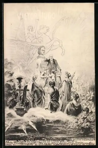 AK Centenaire de Victor Hugo mit Besuchern und geflügeltem Pferd