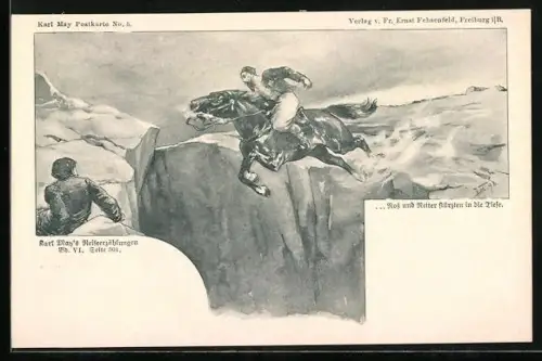 Künstler-AK Karl May Postkarte No. 5, Ross und Reiter stürzen in die Tiefe