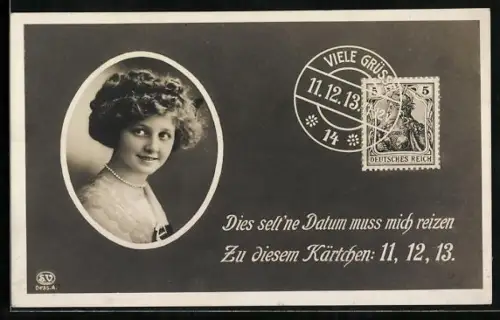 AK Grusskarte vom 11.12.1913, Portrait junge Frau, Datumsstempel