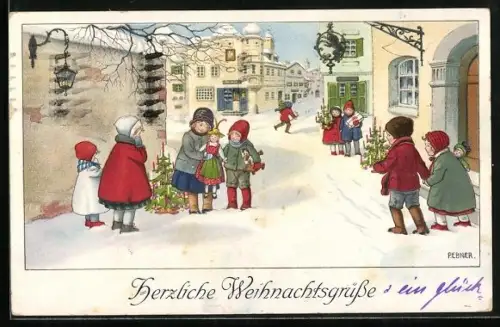Künstler-AK Pauli Ebner: Kinder stehen mit Spielzeug u. Weihnachtsbäumen auf der Strasse, Weihnachten