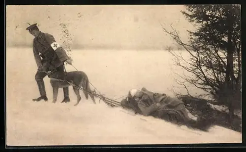 AK Sanitätshund zieht den verwundeten Soldaten auf den Skiern seines Hundeführers