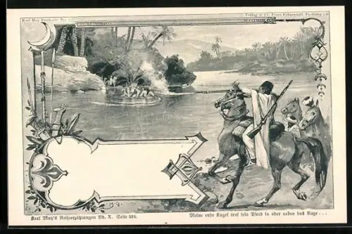 AK Karl Mays Reiseerzählungen, Mann zu Pferd feuert mit seinem Gewehr