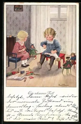 Künstler-AK Pauli Ebner: Ein schwerer Fall, Kinder mit kaputter Puppe