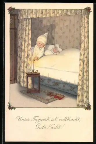 Künstler-AK Pauli Ebner: Zwei Kinder gehen zu Bett, eines löscht das Licht