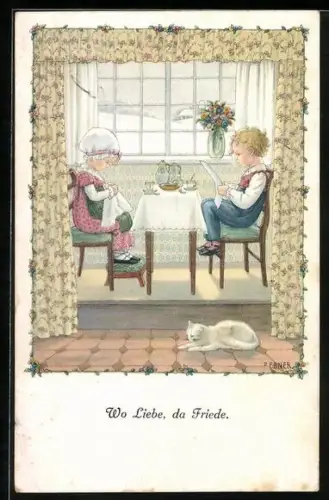 Künstler-AK Pauli Ebner: Wo Liebe da Friede, Kinder am Frühstückstisch, schlafende Katze
