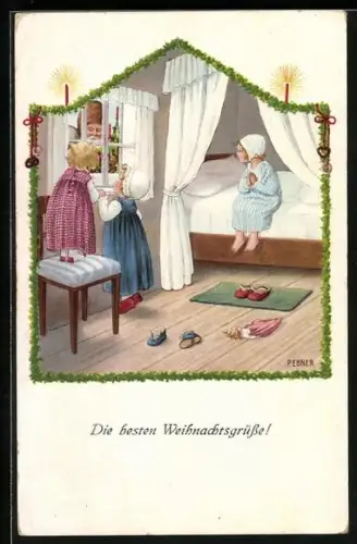 Künstler-AK Pauli Ebner: Weihnachtsmann an Kinderzimmerfenster