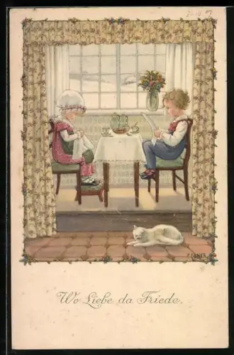 Künstler-AK Pauli Ebner: Wo Liebe da Friede, Kinder am Frühstückstisch, schlafende Katze
