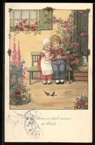 Künstler-AK Pauli Ebner: Ach wenn es doch immer so bliebe, zwei Kinder sitzen auf der Bank vor dem Haus