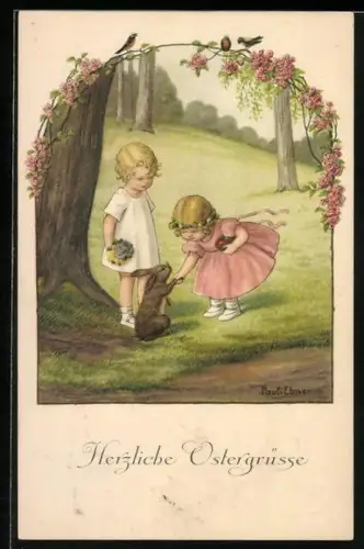 Künstler-AK Pauli Ebner: Kinder sagen dem Osterhasen Guten Tag