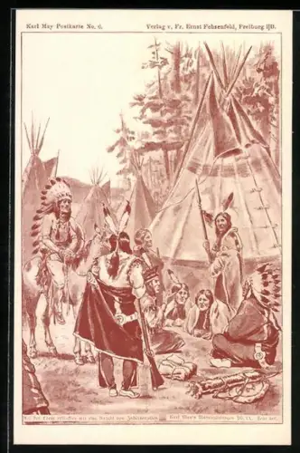 AK Karl May Postkarte Nr.6, Indianer in ihrem Dorf mit Wigwams