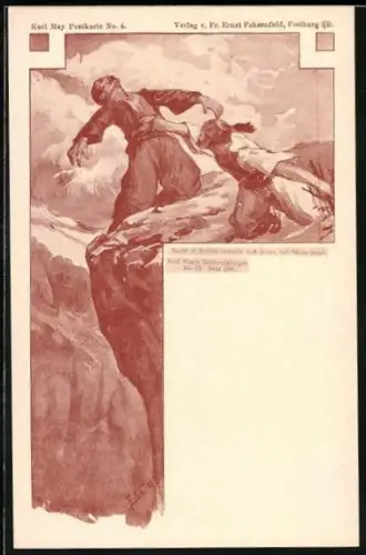 AK Karl May Postkarte No. 4, Reiseerzählungen Bd. VI. Seite 208, Zweikampf am Abgrund