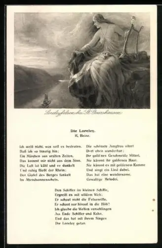 AK Die Loreley sitzt mit Kithara auf einem Felsen und schaut zu einem Boot hinunter