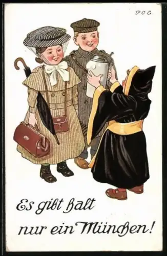 Künstler-AK P. O. Engelhard (P.O.E.): Münchner Kindl preist den Bierkrug vor den Besuchern Münchens
