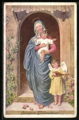 Künstler-AK Kränzle: Maria mit Kind und Engelchen mit Mandoline, Weihnachtsgruss