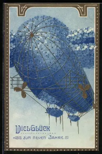 AK Zeppelin aus Vergissmeinnicht, Neujahrsgruss, Blumenbild