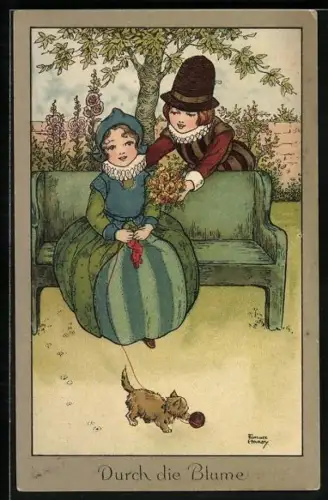 Künstler-AK Florence Hardy: Durch die Blume-Junge übergibt seiner Geliebten einen Blumenstrauss