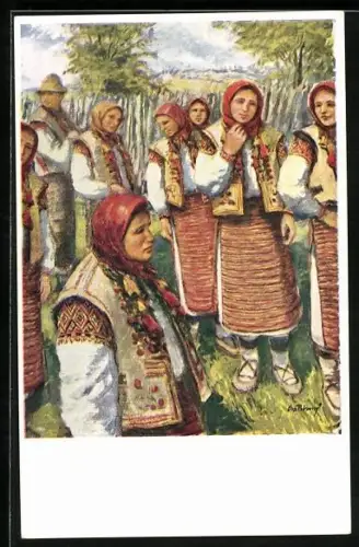 Künstler-AK ukrainische Frauen vor dem Dorf