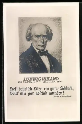 AK Porträt Ludwig Uhlands, Ausspruch Hei! bayrisch Bier, ein guter Schluck, Sollt` mit gar köstlich munden!