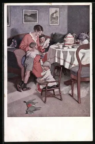 Künstler-AK Brynolf Wennerberg: Gute Nachrichten von der Front, Frau liest Kindern Feldpost vor