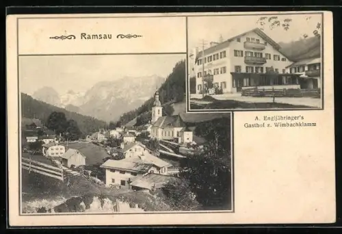 AK Ramsau / Berchtesgaden, Ortsansicht mit Kirche, A. Engljähringers Gasthof z. Wimbamklamm