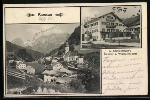 AK Ramsau, Ortsansicht mit Kirche, A. Engljähringers Gasthof z. Wimbamklamm