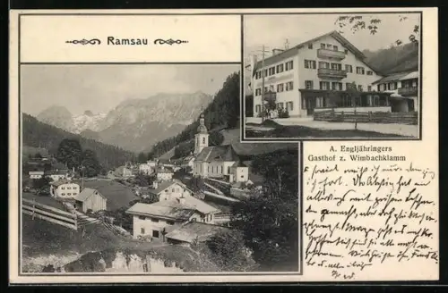 AK Ramsau / Berchtesgaden, Ortsansicht mit Kirche, A. Engljähringers Gasthof z. Wimbamklamm