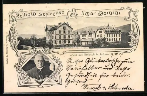 AK Sasbach b. Achern, Lendersche Lehr-Anstalt im Passepartout, Portrait Prälat Dr. Lender