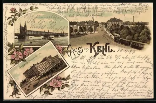 Lithographie Kehl, Eisenbahnbrücke, Grossherzog Friedrich-Kaserne, Strassenpartie mit Bahn