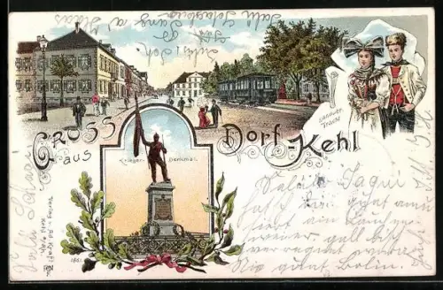 Lithographie Dorf-Kehl, Ortspartie, Strasse mit Waggons, Krieger-Denkmal, Paar in Hanauer Tracht