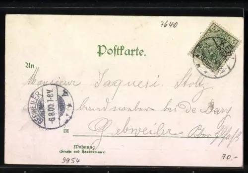 Lithographie Dorf-Kehl, Ortspartie, Strasse mit Waggons, Krieger-Denkmal, Paar in Hanauer Tracht