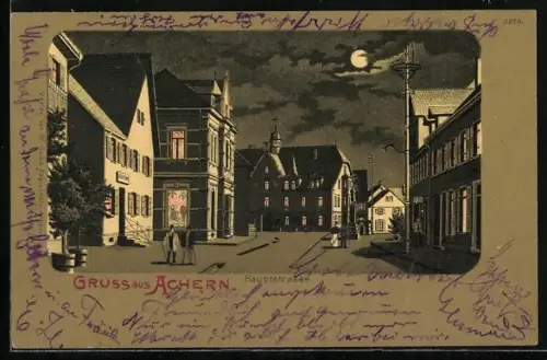 AK Achern, Blick in die Hauptstrasse bei Nacht
