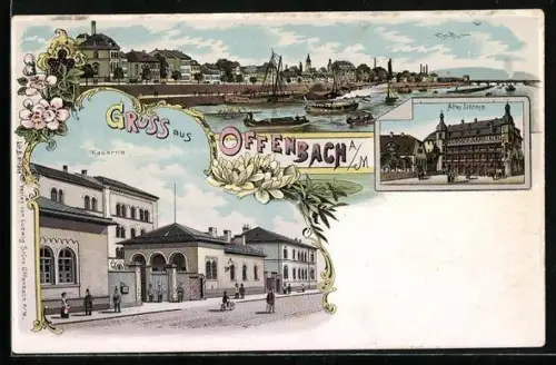 Lithographie Offenbach / Main, Kaserne, Altes Schloss, Mainblick