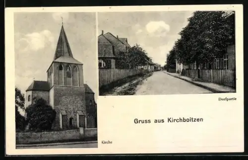 AK Kirchboitzen, Ansicht der Kirche, Ortspartie mit Wohnhäusern