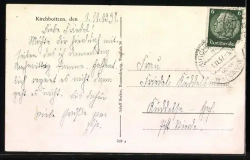 AK Kirchboitzen, Ansicht der Kirche, Ortspartie mit Wohnhäusern