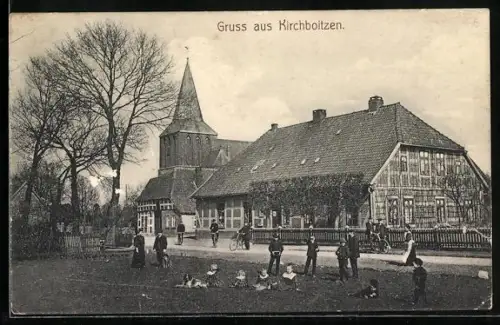 AK Kirchboitzen, Ortspartie mit Kirche