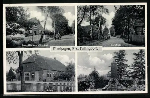 AK Nienhagen bei Gilten, Geschäftshaus Wilh. Apel, Dorfstrasse, Schule, Kriegerdenkmal