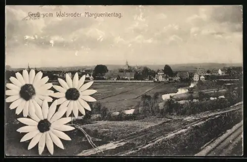 AK Walsrode, Ortsansicht aus der Vogelschau, drei Margeritenblüten, Blumentag