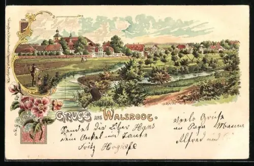 Lithographie Walsrode, Ortsansicht mit Flusslauf und Angler