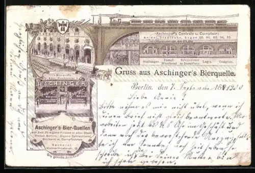 AK Berlin, Hofbräuhaus in der Leipziger Strasse, Aschingers Bierquelle an der Stadtbahn