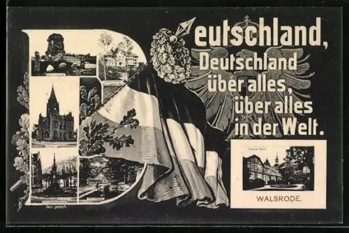 Grusskarten-AK Walsrode, Waldrestaurant, Bismarckdenkmal, Rathaus, Kloster, Adler, Nationalfahne mit Eichnelaubkranz