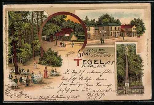 Lithographie Berlin-Tegel, Schloss-Restaurant von G. Triller, Denkmal der Familie Humbold