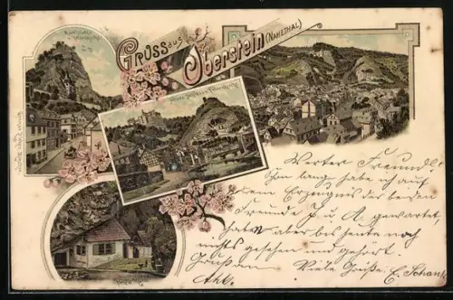 Lithographie Oberstein, Panorama, Marktplatz & Felsenkirche, neues Schloss, Führs Hütte