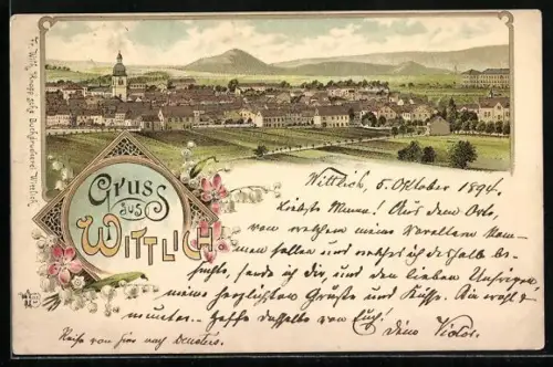 Vorläufer-Lithographie Wittlich, 1894, Ortsansicht mit Kirche aus der Vogelschau