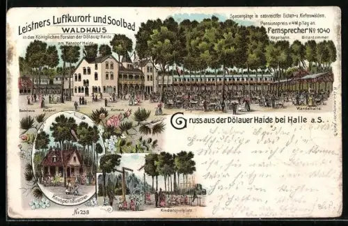 Lithographie Halle a. S., Gasthaus Dölauer Haide, Waldhaus, Knusperhäuschen, Kinderspielplatz, Wandelhalle