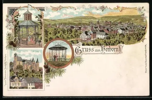 Lithographie Herborn / Dillkreis, Ortsansicht aus der Vogelschau, Tempel auf dem Homberg, Schloss
