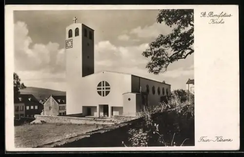 AK Trier-Kürenz, Ansicht der St. Bonifatius-Kirche, Bauhaus-Stil