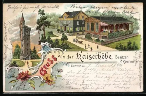 Lithographie Elberfeld, Restauration Kaiserhöhe von F. Kaemmerer, Weyerbusch-Turm