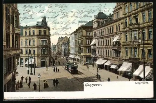 AK Hannover, Blick in die Langelaube-Strasse mit Strassenbahn